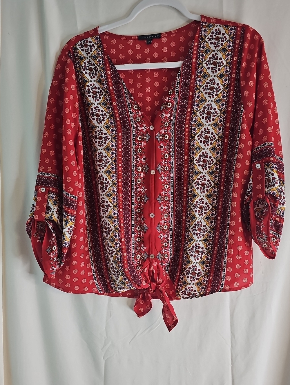 Red Boho Print Tie-Front Women's Top